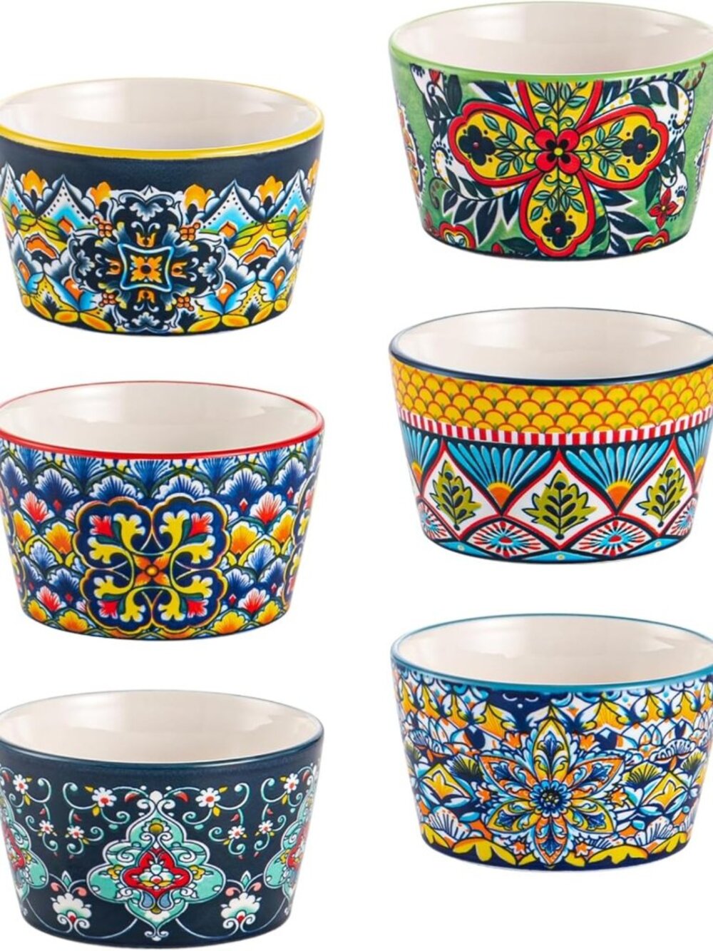 Set of 6 Bohemian Ceramic Ramekins - 8 oz Baking Bowls & Souffle Cups